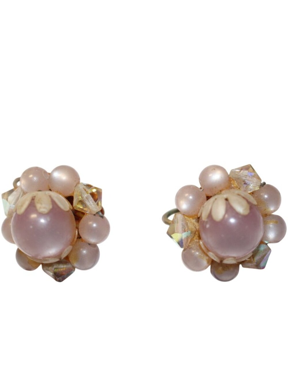 Vtg Mid-Century Pink Bead Cluster Clip-On Earrings Decorative Gold-Tone Backing